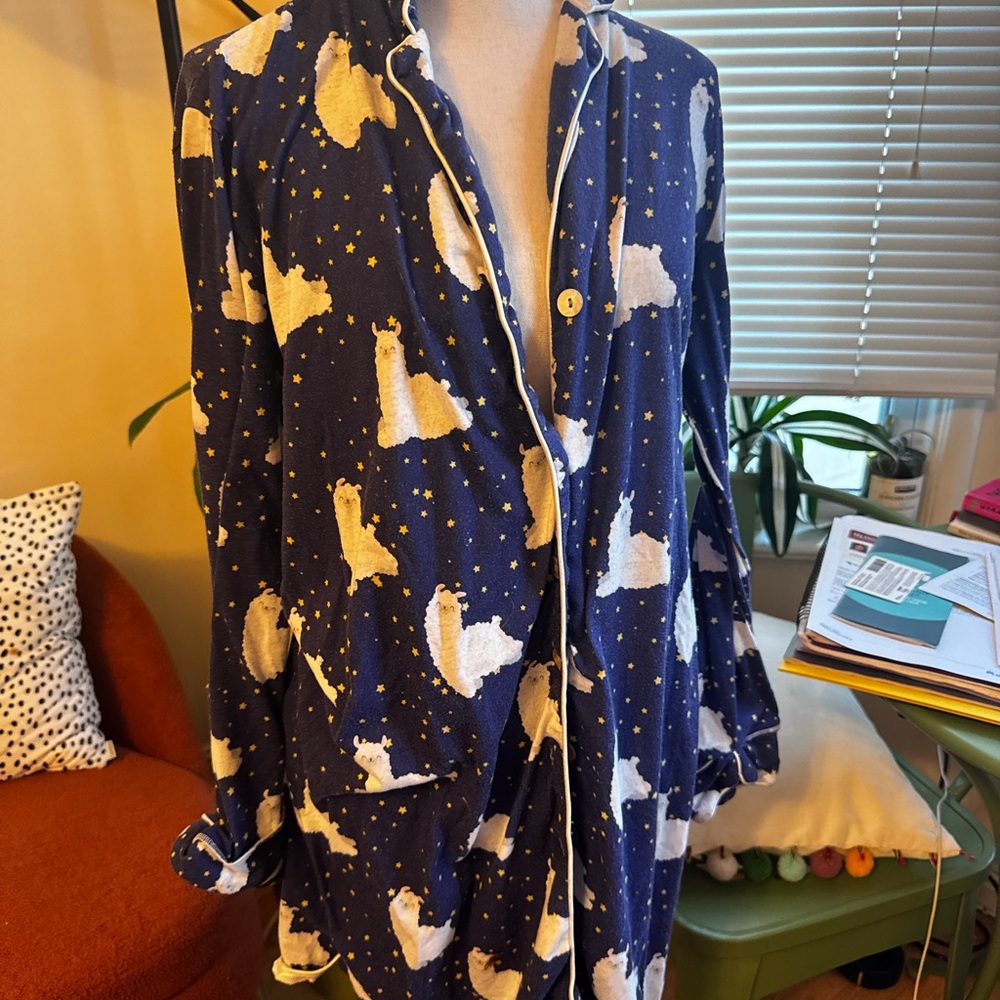 Blue Pajama Nightgown with White Llama Print